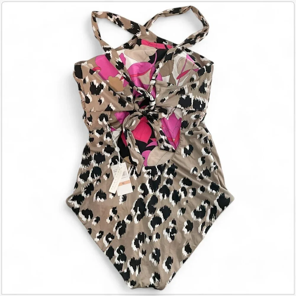 Trina Turk Lynx Reversible High Neck One Piece Swimsuit Floral Animal New NWT 12